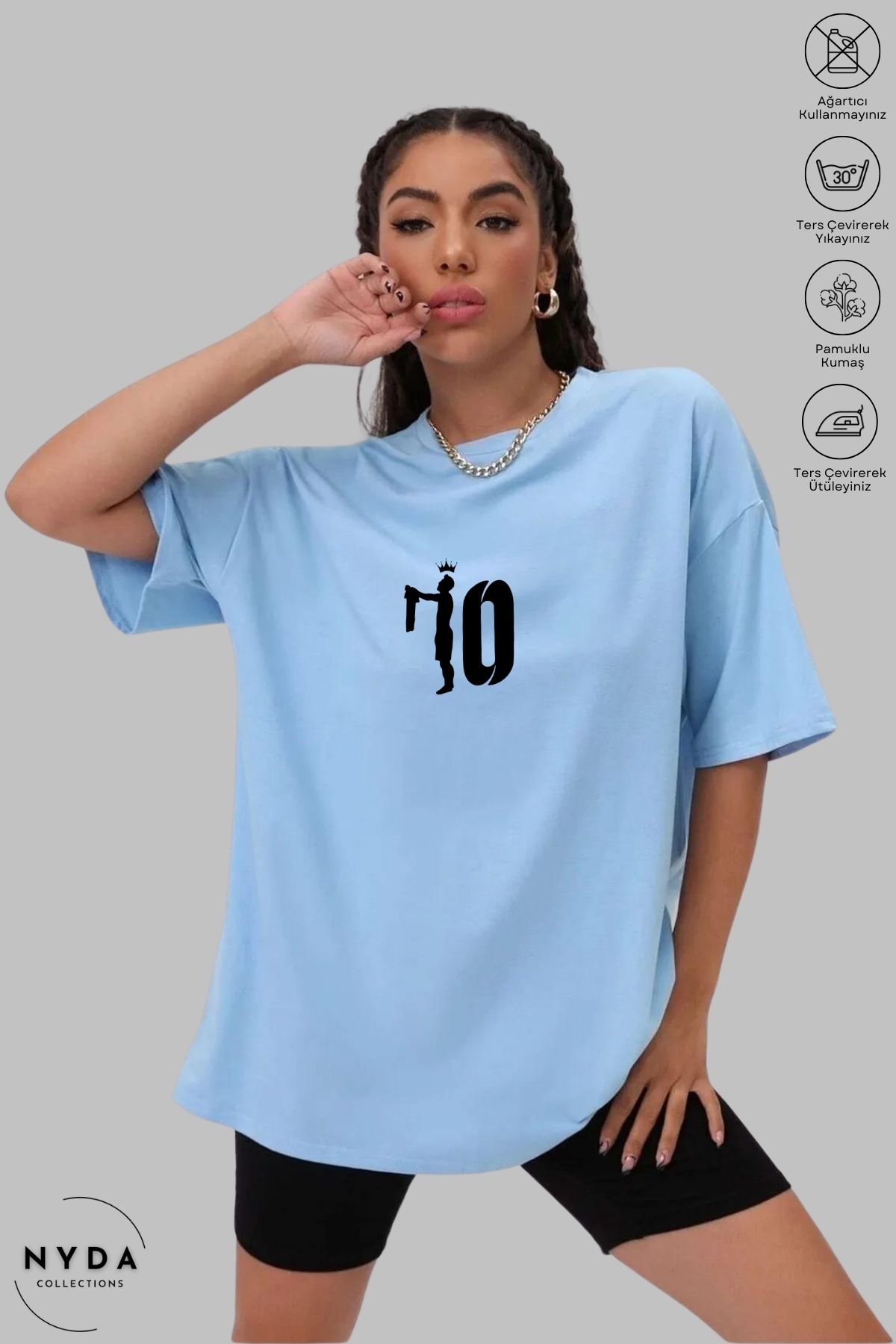 Nyda Collections Unisex Bisiklet Yaka 10 Numara Taç Baskılı Pamuk Oversize Kısa Kollu Tişört