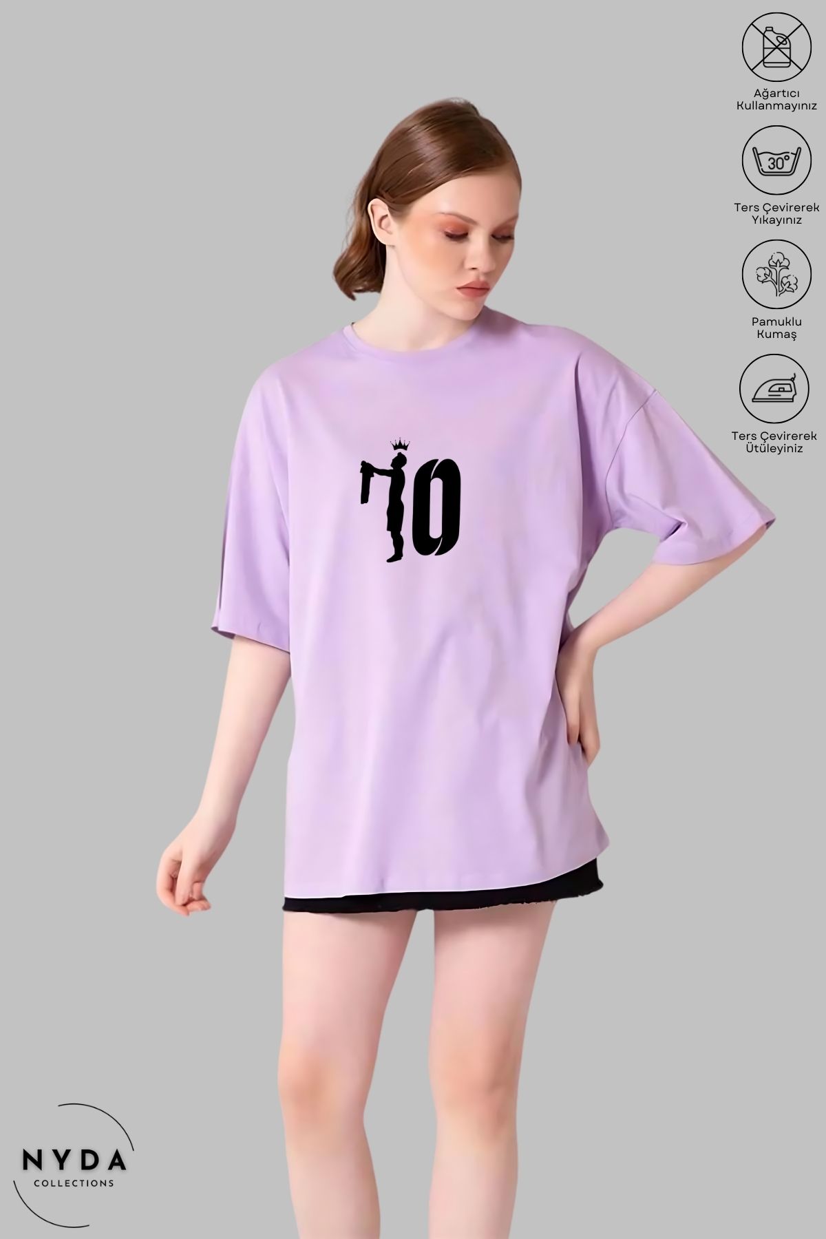 Nyda Collections Unisex Bisiklet Yaka 10 Numara Taç Baskılı Pamuk Oversize Kısa Kollu Tişört