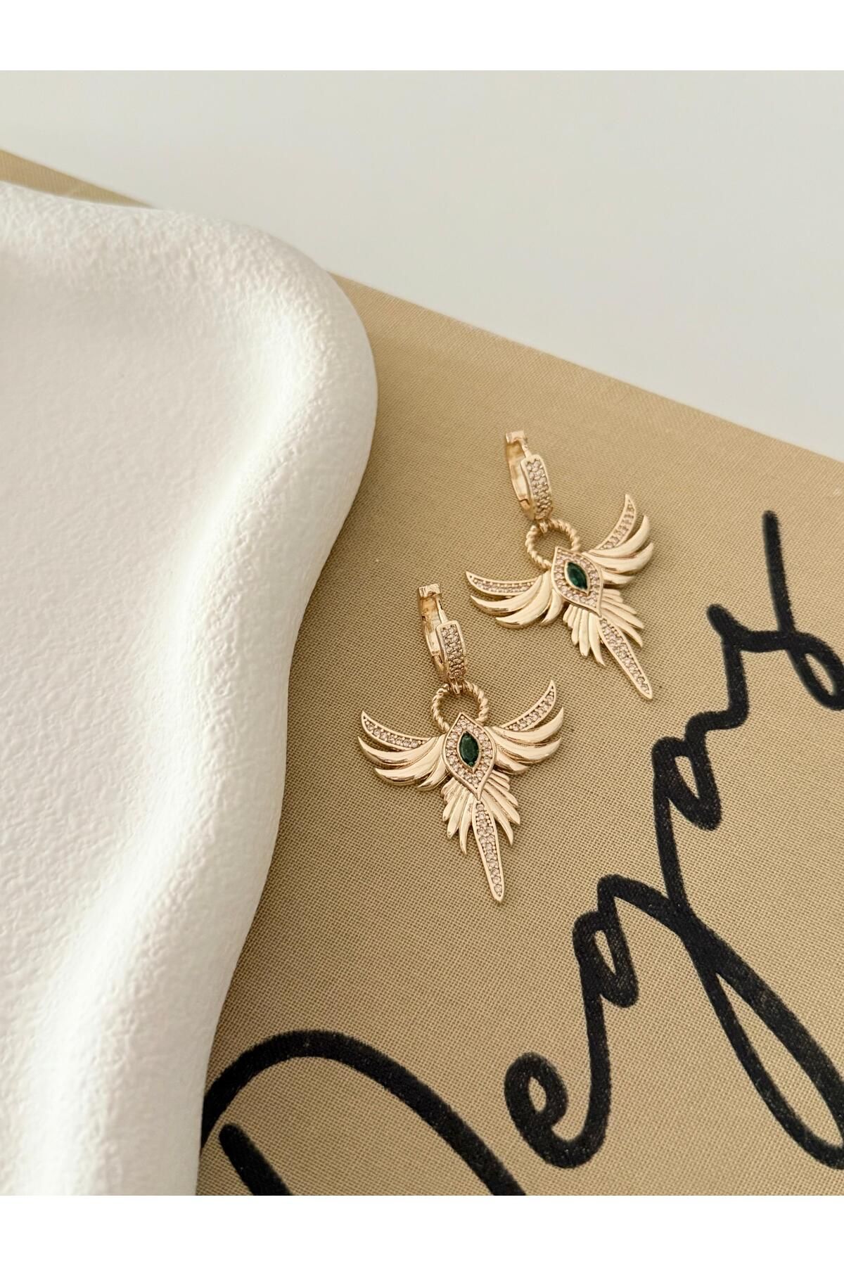 Bubbleatelier Yesil taş anka kuşu gold küpe
