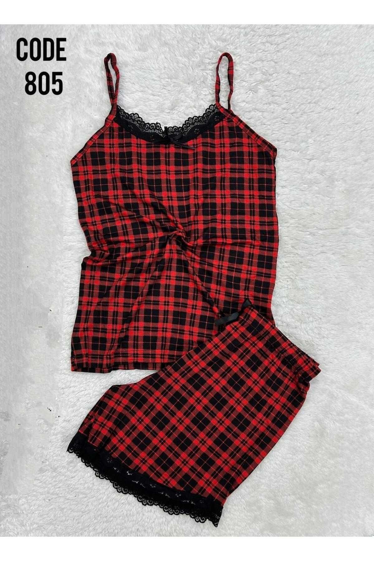 XORVİO Kadın İp Askılı Desen Şortlu Takım Dantel Detaylı Şık Yazlık Büyük Beden Battal Pijama