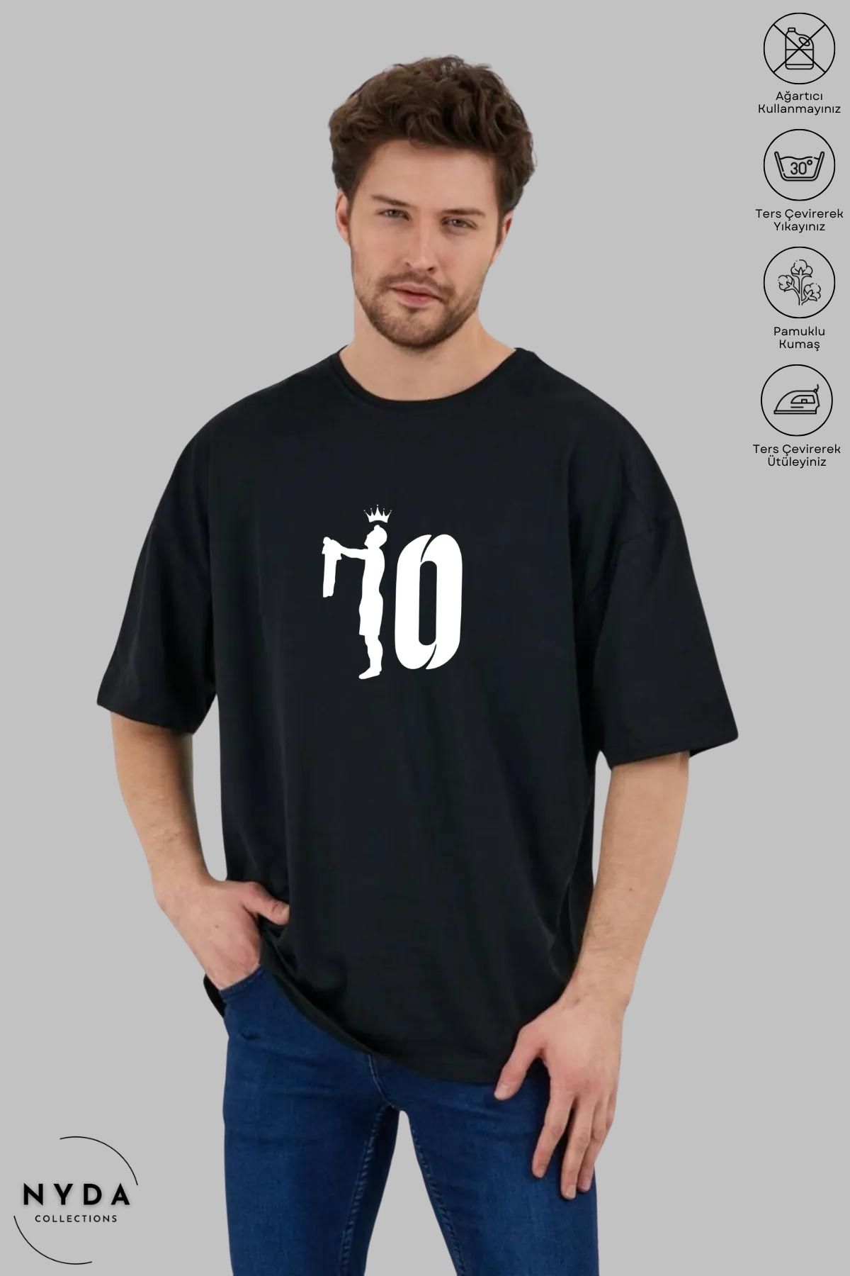 Nyda Collections Unisex Bisiklet Yaka 10 Numara Taç Baskılı Pamuk Oversize Kısa Kollu Tişört