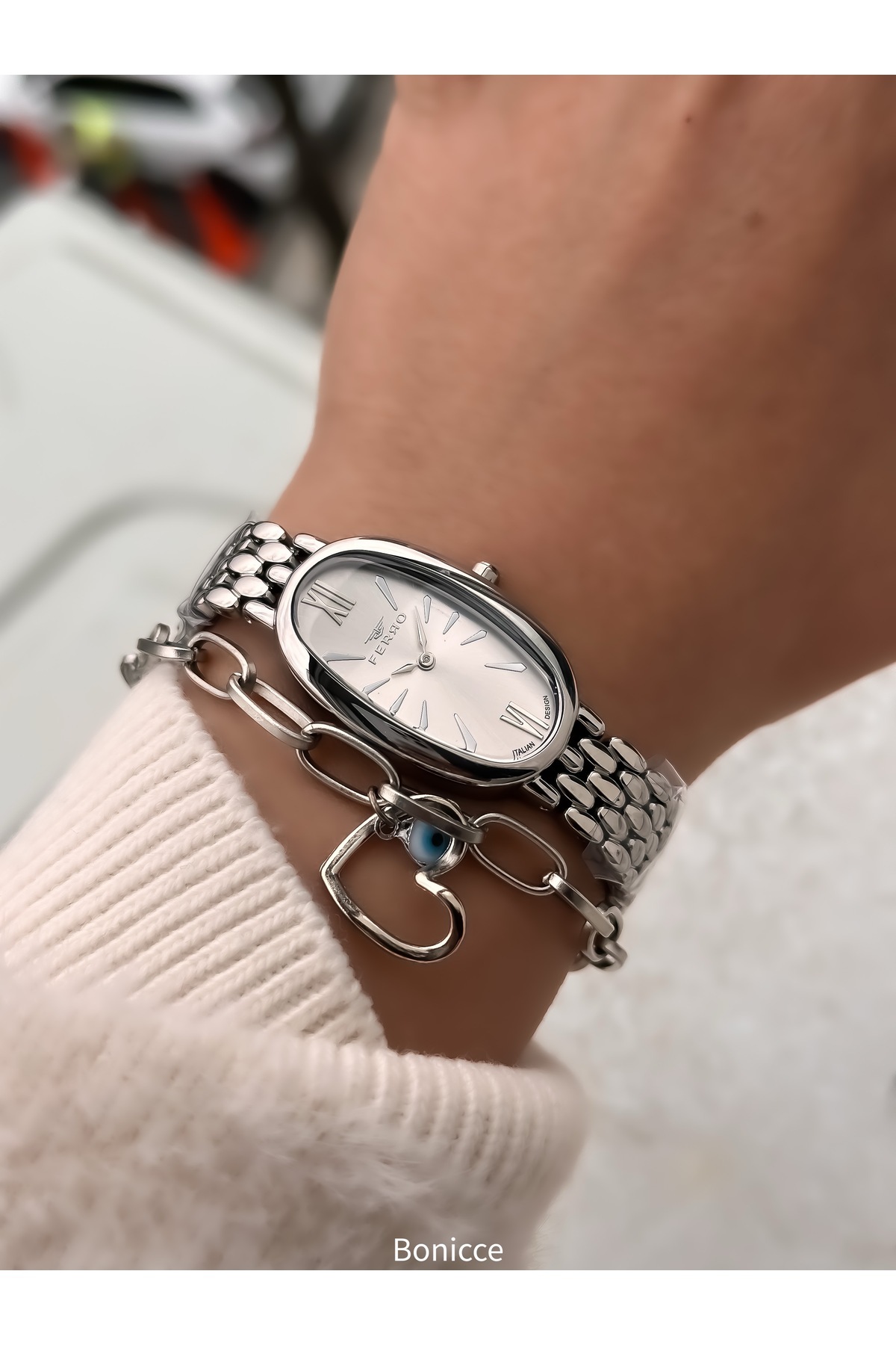FERRO-In Stylish Box, Silver White, Steel Cord, Oval Case, Special Series Women's Wristwatch Bracelet Gift 4