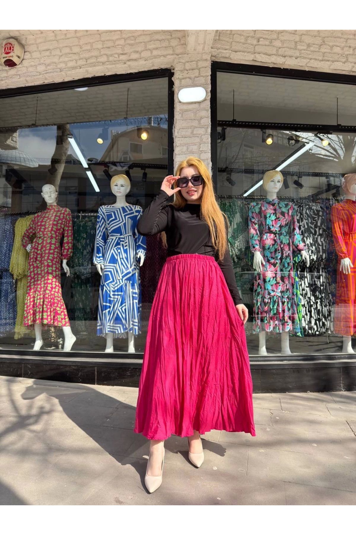 İntive Lingerie Fuşya Bilek Hizasında Kabartmalı Uzun Bol Kesim Kraş Etek (Tesettür İçin Uygun)