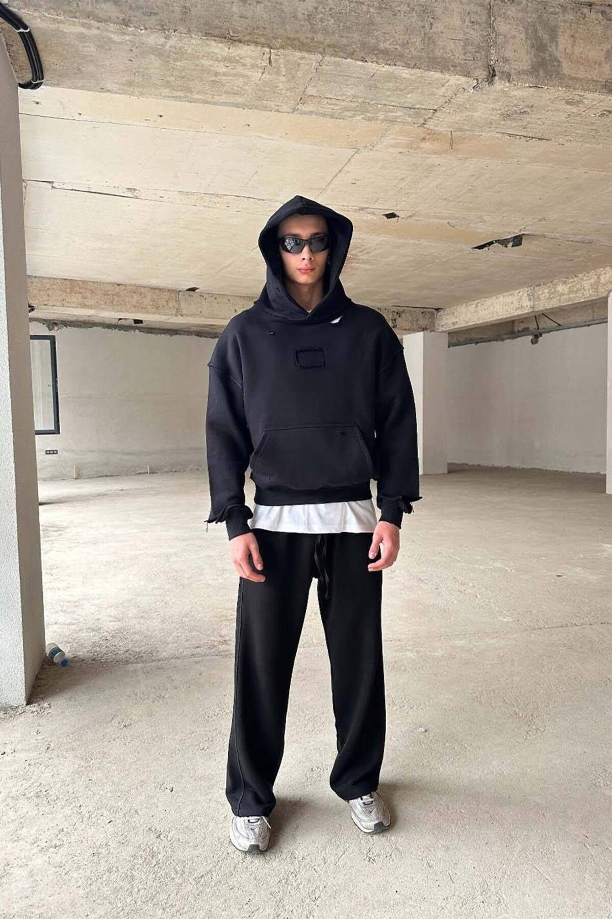 1887CLO Siyah Handmade Distressed Oversize Boxy Fit Hoodie