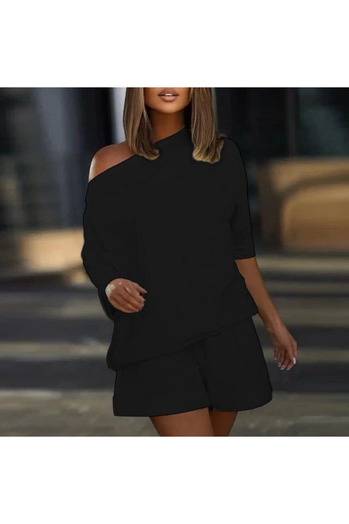 Şair Kadın Kayık Yaka Oversize Asimetrik Bluz Ve şort Iki Iplik Takım