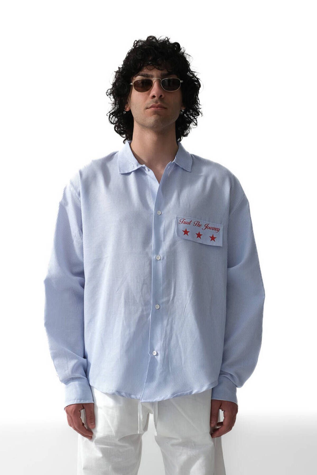 1887CLO Trust The Journey İnce Mavi Çizgili Oversize Gömlek