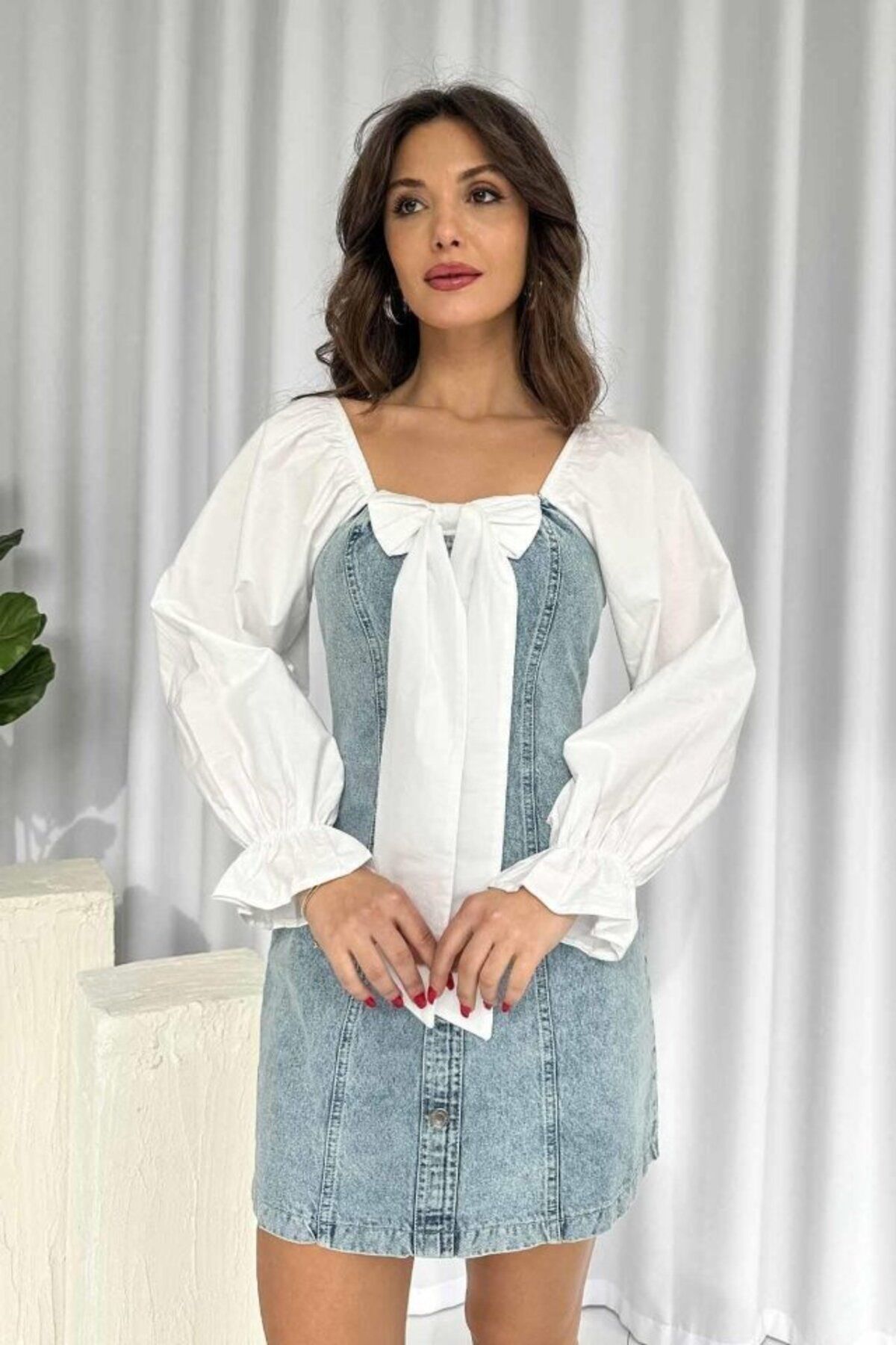 Şair Mavi Önü Fiyoklu Kot Elbise