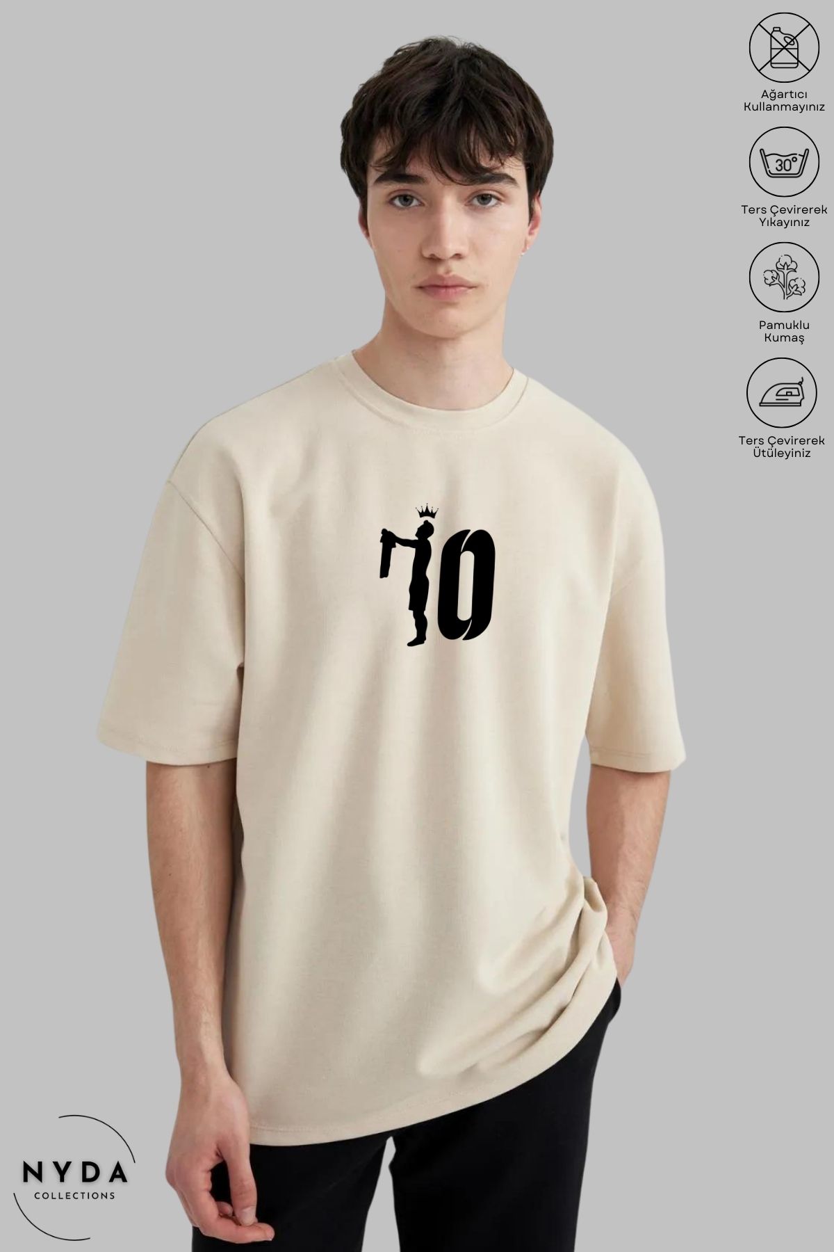 Nyda Collections Unisex Bisiklet Yaka 10 Numara Taç Baskılı Pamuk Oversize Kısa Kollu Tişört