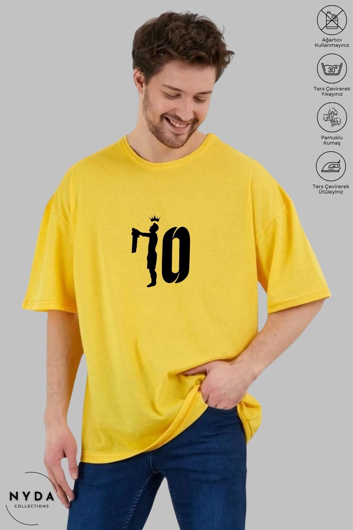Nyda Collections Unisex Bisiklet Yaka 10 Numara Taç Baskılı Pamuk Oversize Kısa Kollu Tişört