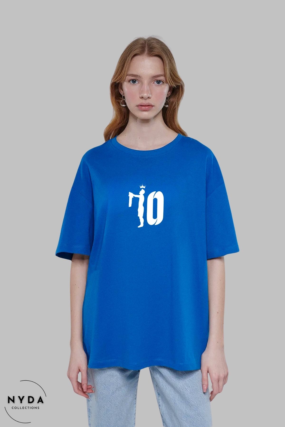 Nyda Collections Unisex Bisiklet Yaka 10 Numara Taç Baskılı Pamuk Oversize Kısa Kollu Tişört