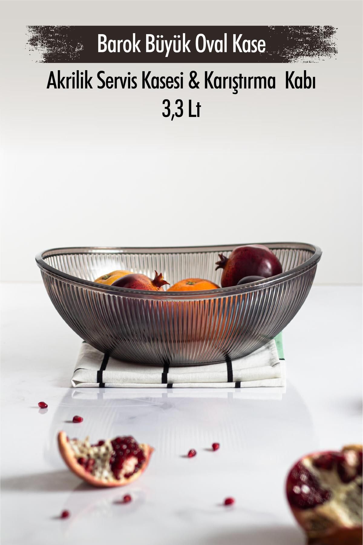 Shop58 Akrilik Barok Füme Büyük Oval Meyve & Salata Kasesi & Karıştırma Kabı / 3,3 Lt (CAM DEĞİLDİR)