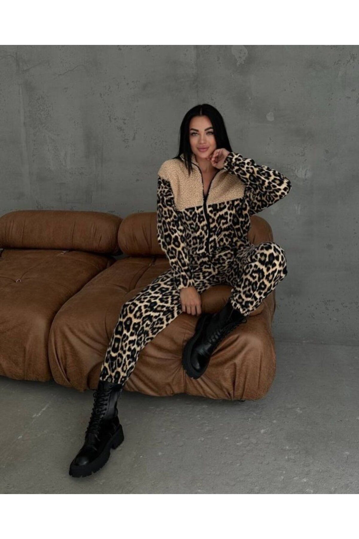 Şair Kadın 3 Iplik Kumaş Leopar Desenli Ikili Takım
