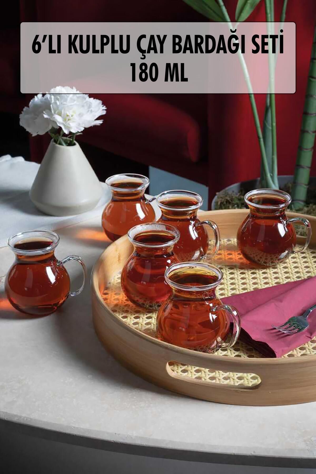 Shop58 6'lı Keyfi Ala Borosilikat Cam Kulplu Çay Bardağı