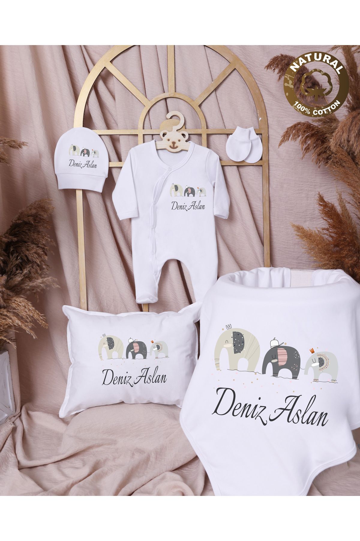 yzc home size dair... R76 BTY İsme özel İsimli Baskılı Bebek Hediyelik Battaniye Yastık Tulum Şapka Eldiven Set %100 Pmk