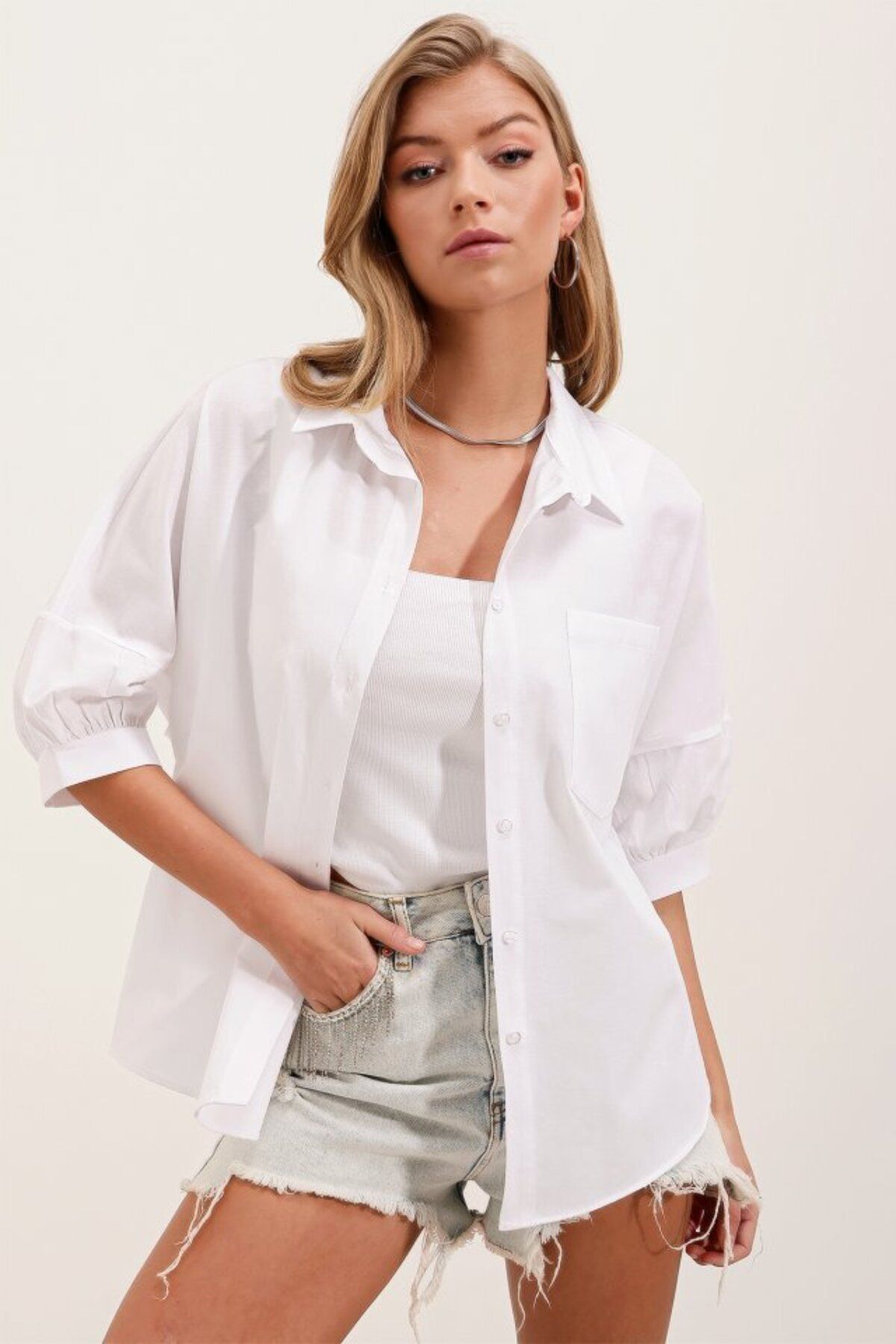 Şair 20213 Oversize Kısa Kol Basic Gömlek - Beyaz