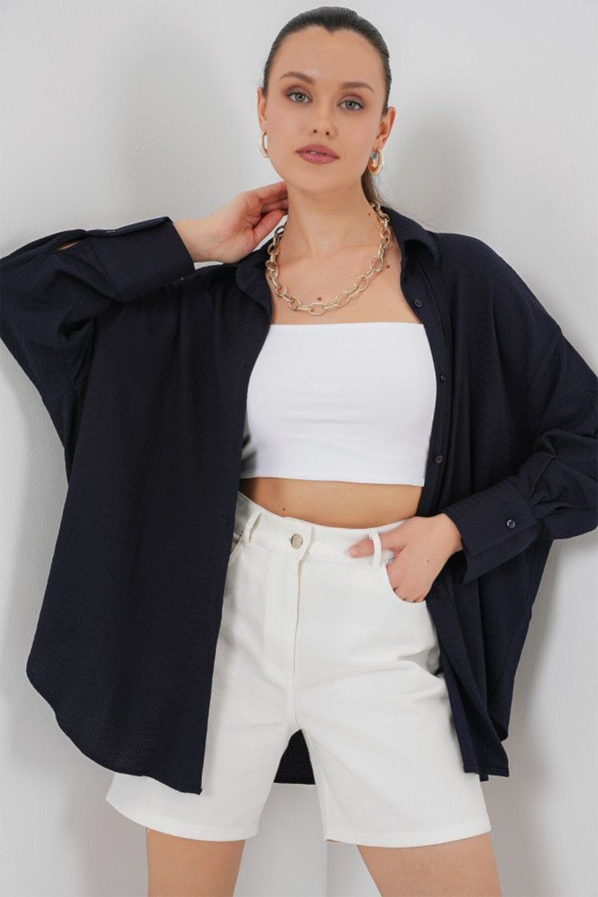 Şair Örme Oversize Gömlek 20264 - Lacivert