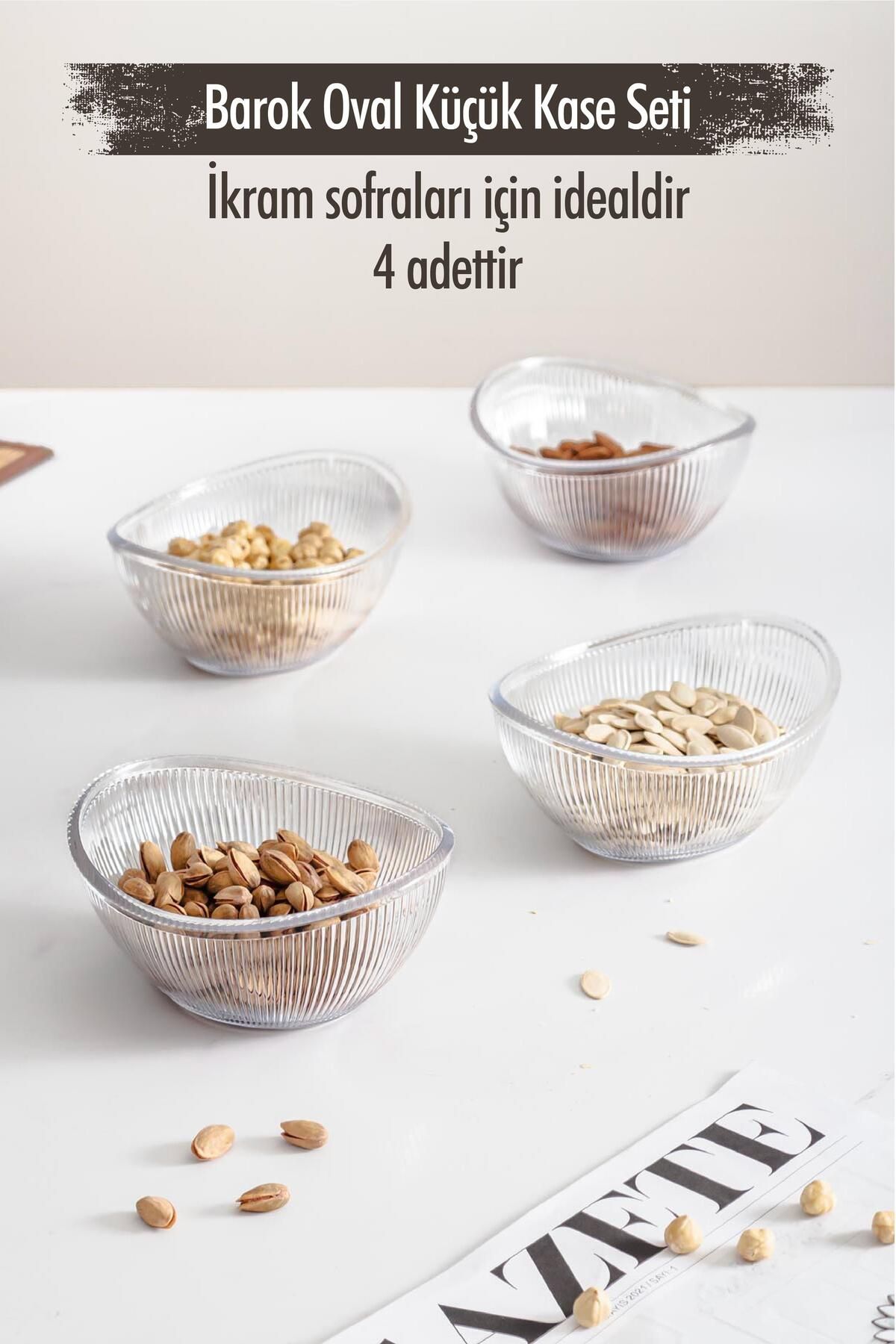 Shop58 Akrilik Barok Şeffaf Oval 4'lü Küçük Kase Seti & Çerezlik & Sunumluk & İkramlık (Cam Değildir)