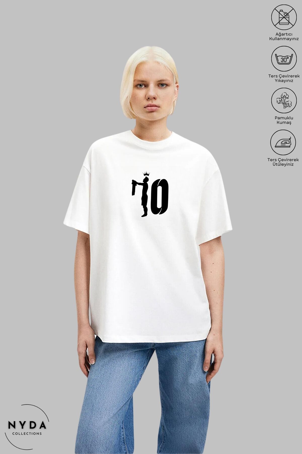 Nyda Collections Unisex Bisiklet Yaka 10 Numara Taç Baskılı Pamuk Oversize Kısa Kollu Tişört
