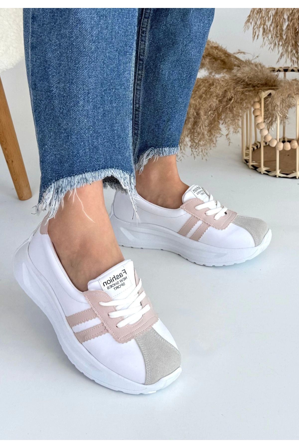 Shop58 Shat Beyaz Cilt Pudra Şeritli Spor Ayakkabı