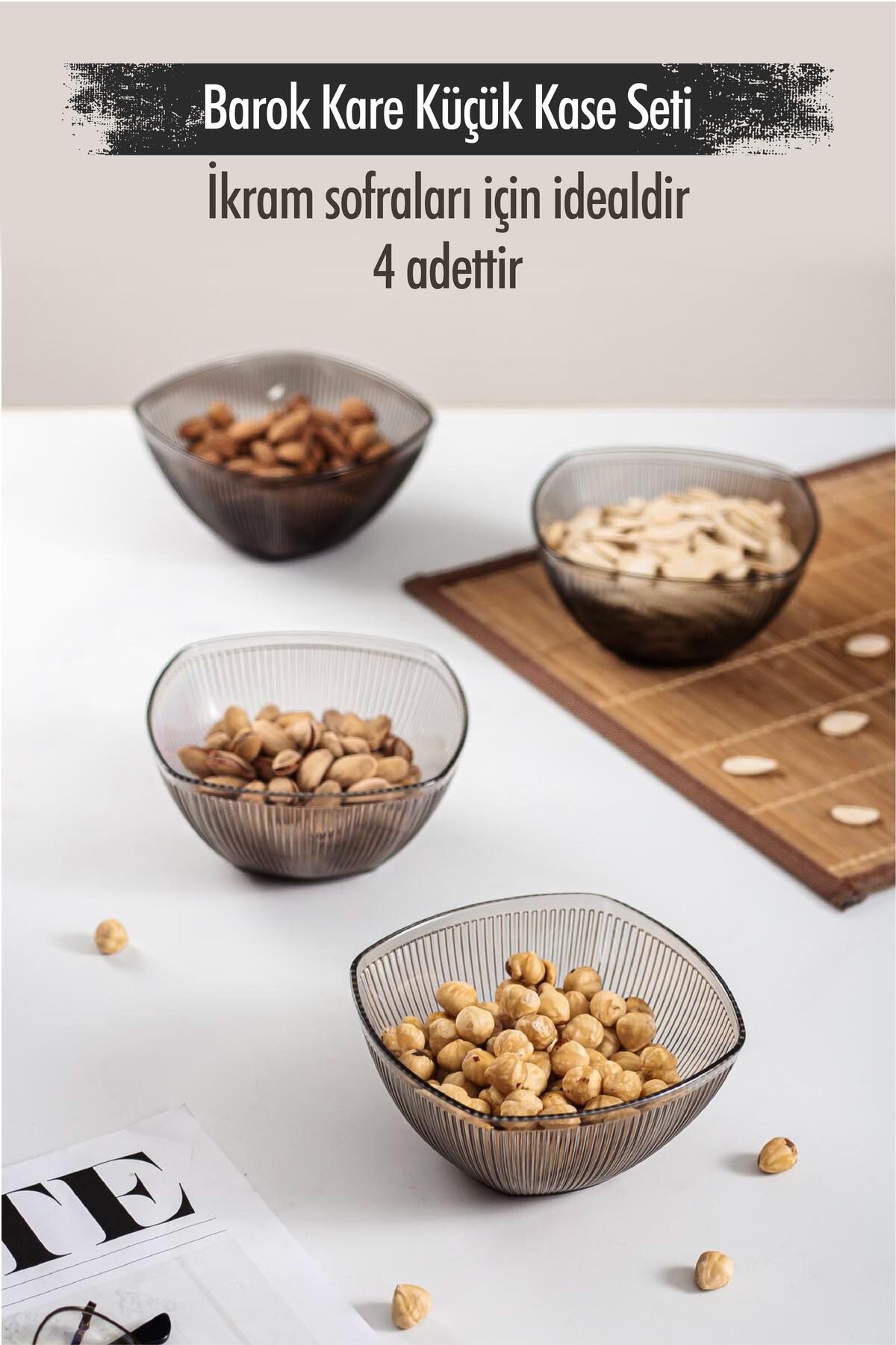 Shop58 Akrilik Barok Füme Kare 4'lü Küçük Kase Seti & Çerezlik & Sunumluk & İkramlık (Cam Değildir) 6766DP4