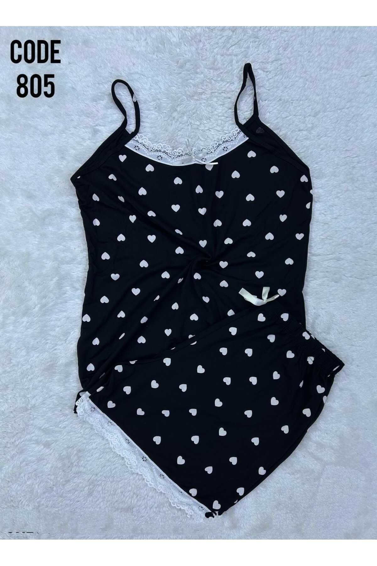 XORVİO Kadın İp Askılı Desen Şortlu Takım Dantel Detaylı Şık Yazlık Büyük Beden Battal Pijama