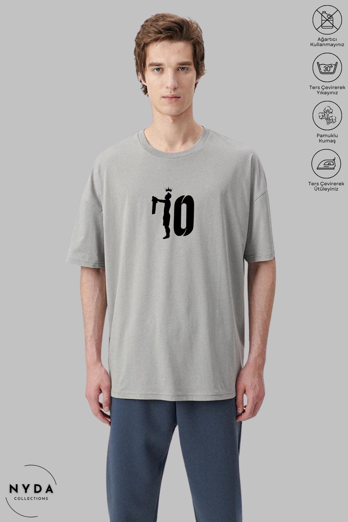 Nyda Collections Unisex Bisiklet Yaka 10 Numara Taç Baskılı Pamuk Oversize Kısa Kollu Tişört