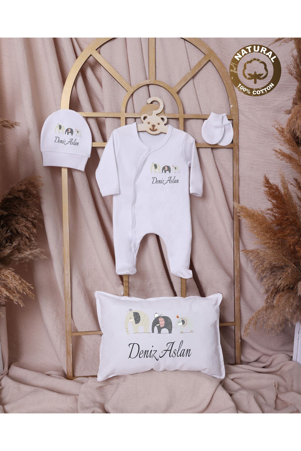 yzc home size dair... R76 TY İsme özel İsimli Baskılı Bebek Hediyelik Yastık Tulum Şapka Eldiven Set %100 pmk