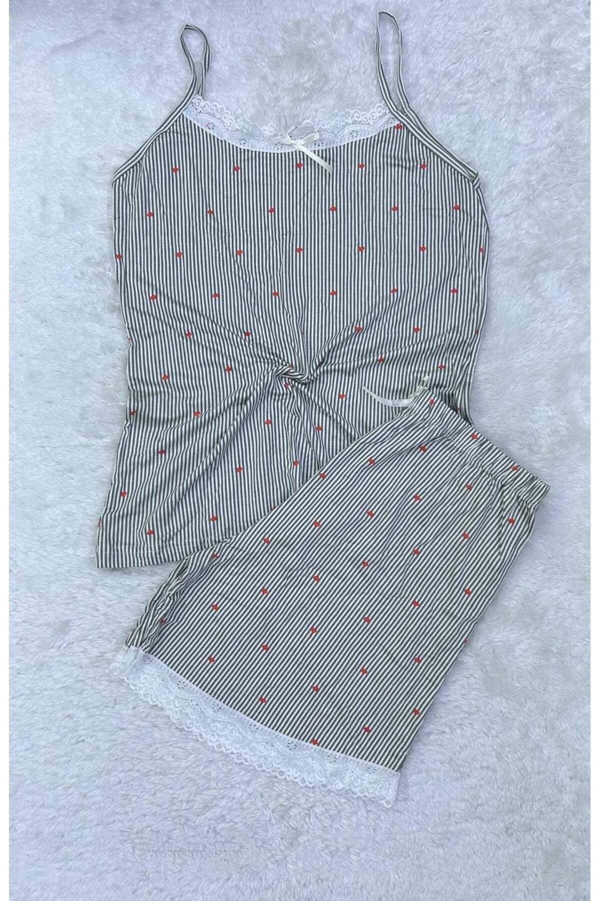 XORVİO Kadın İp Askılı Desen Şortlu Takım Dantel Detaylı Şık Yazlık Büyük Beden Battal Pijama