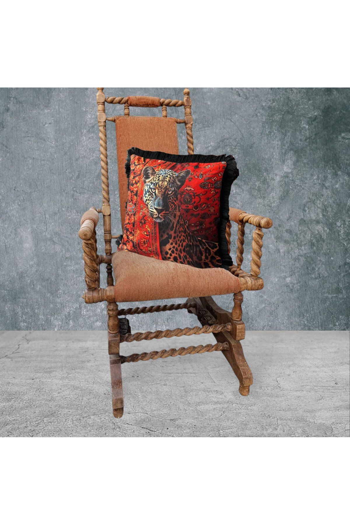 Sister Home Design Leopar Çift Taraflı Dekoratif Püsküllü - Saçaklı Kırlent Kılıfı 1 Adet 43x43cm