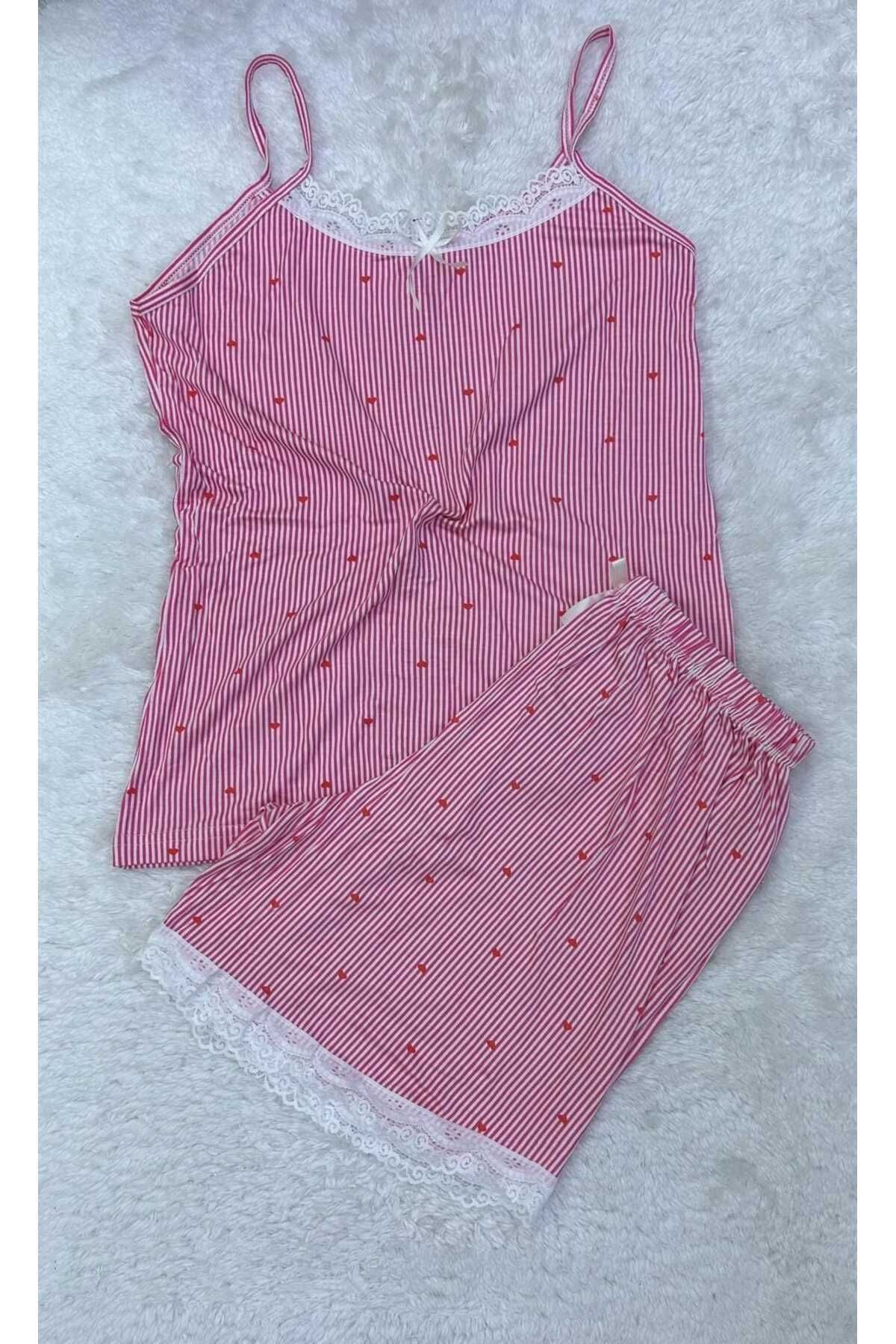 XORVİO Kadın İp Askılı Desen Şortlu Takım Dantel Detaylı Şık Yazlık Büyük Beden Battal Pijama