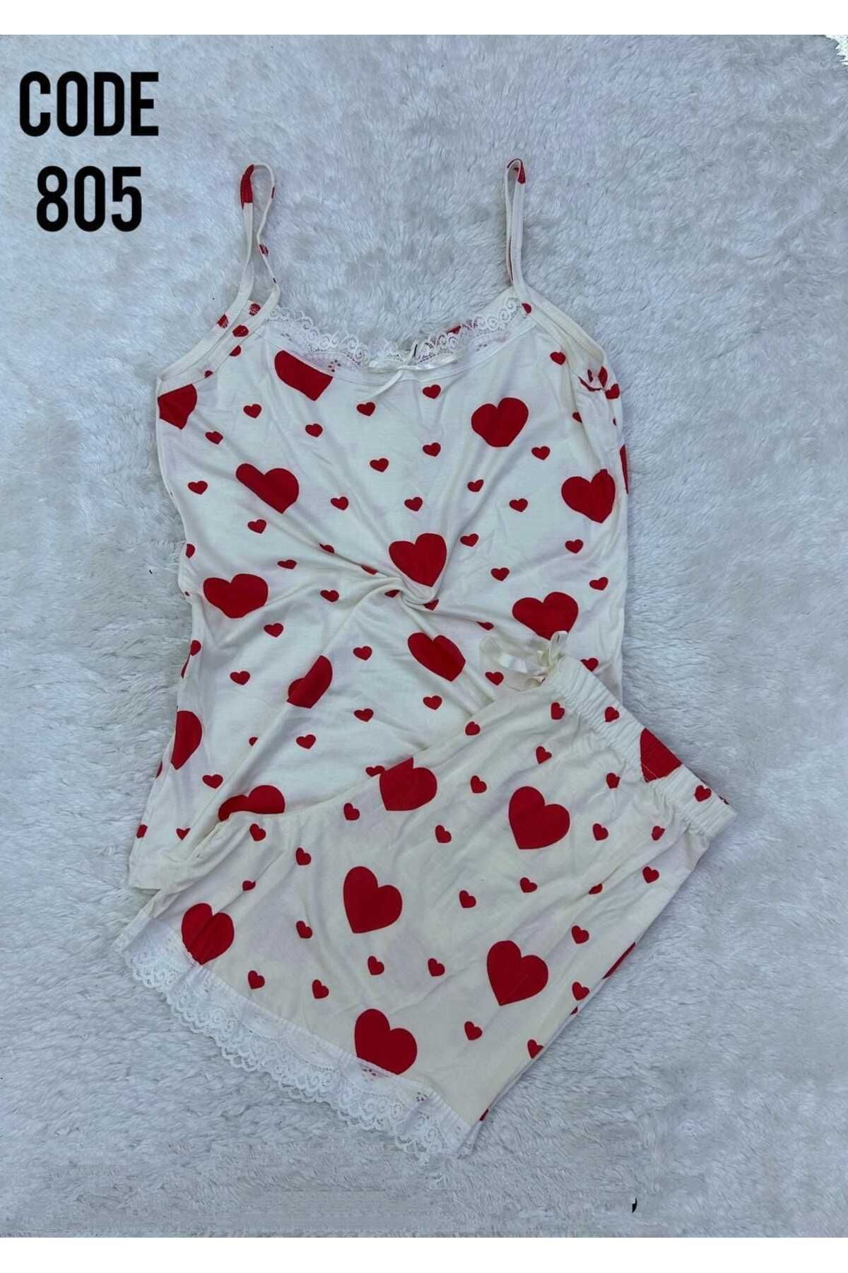XORVİO Kadın İp Askılı Desen Şortlu Takım Dantel Detaylı Şık Yazlık Büyük Beden Battal Pijama