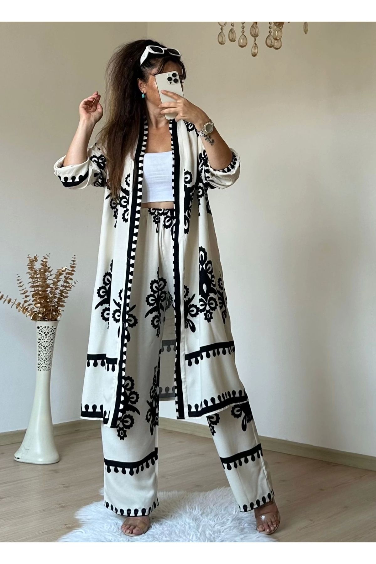 azra moda Krem Desenli Tunık Takım