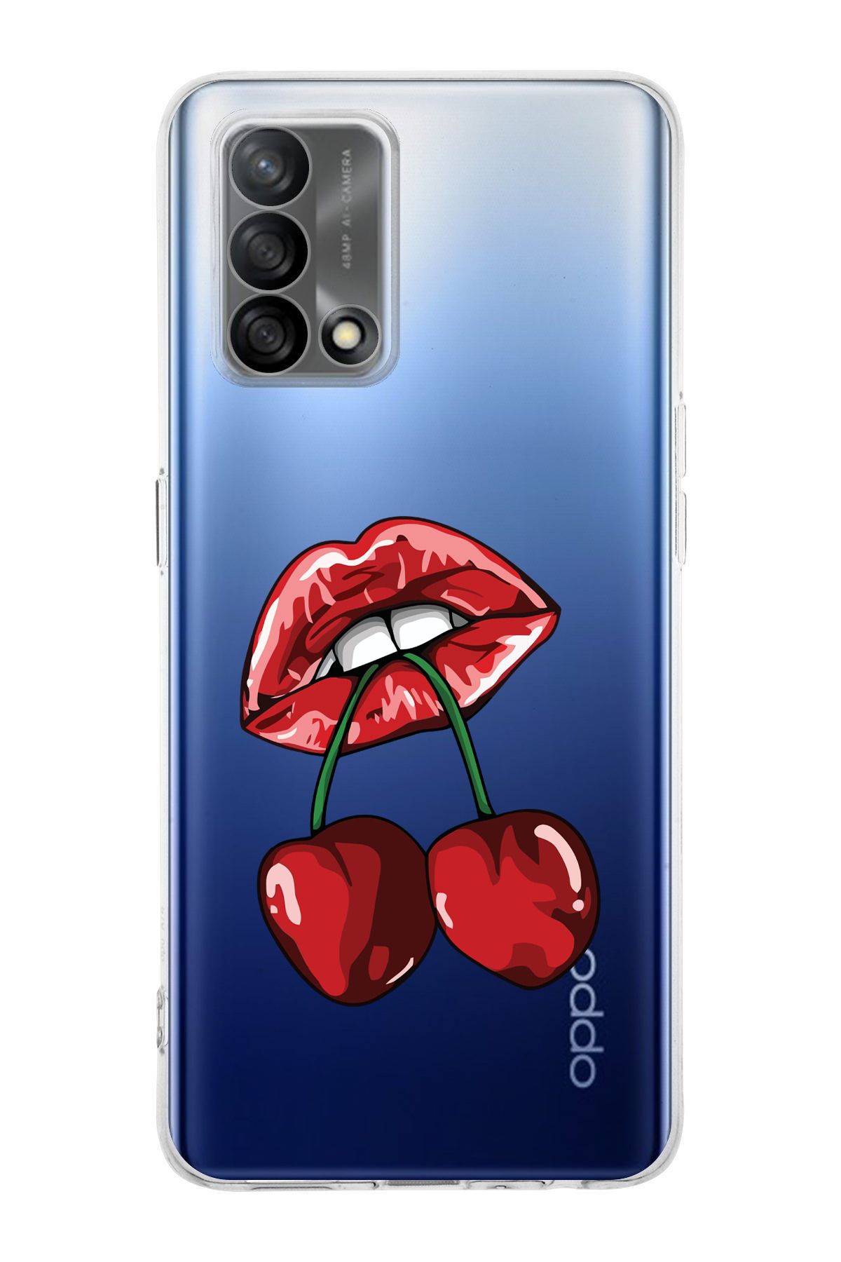 moonset Oppo A74 Uyumlu Dudak ve Kiraz Tasarımlı Baskılı Şeffaf Telefon Kılıfı
