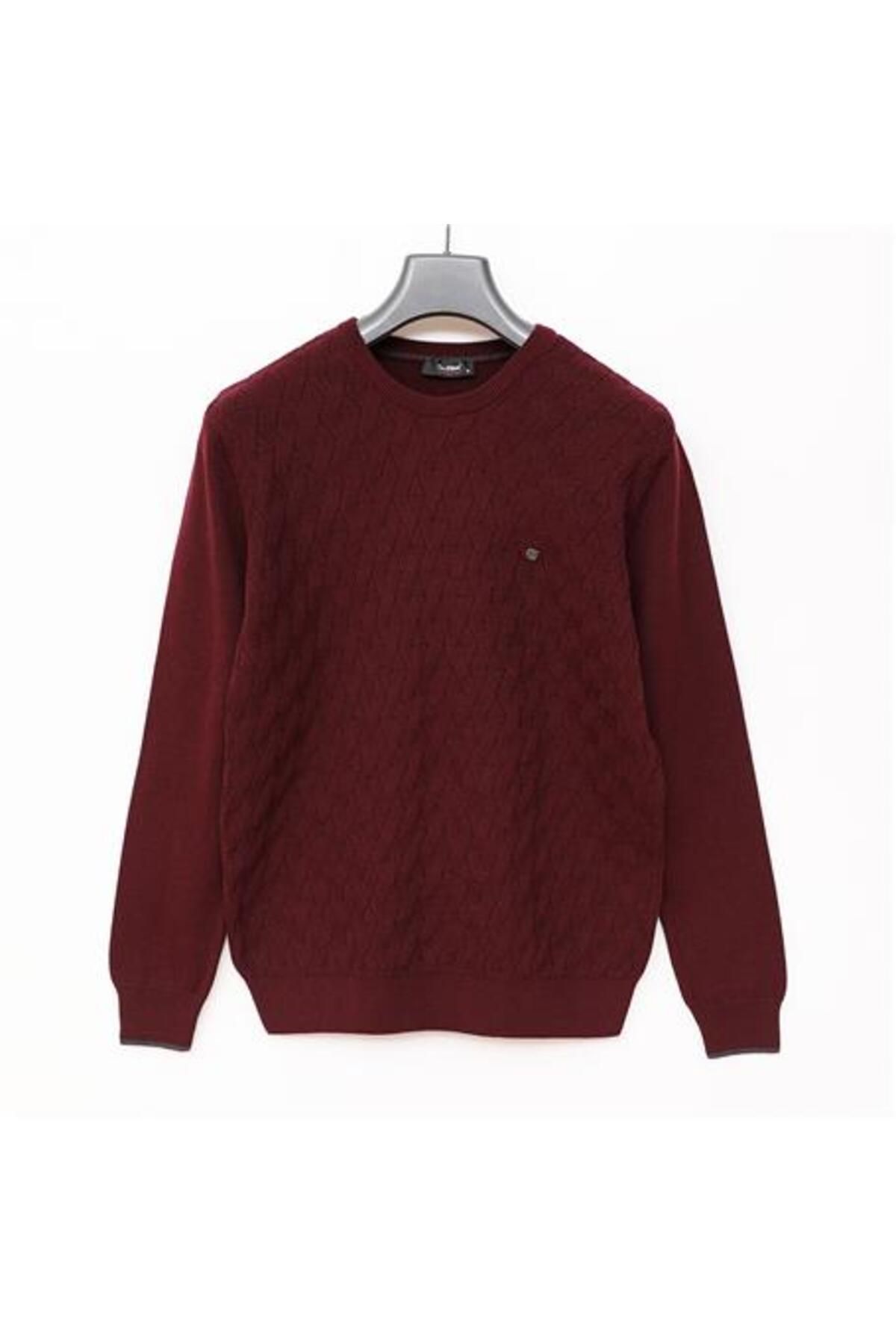 Shop58 Erkek Bisiklet Yaka Önü Dokulu Uzun Kol Triko Kazak - 189106 - Koyu Bordo
