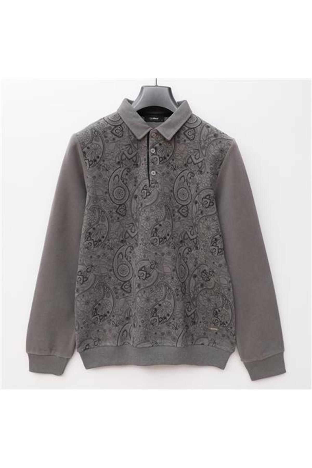 Shop58 Erkek Polo Yaka Uzun Kol Kadife Kazak - PPS-2508 - Gri Melanj