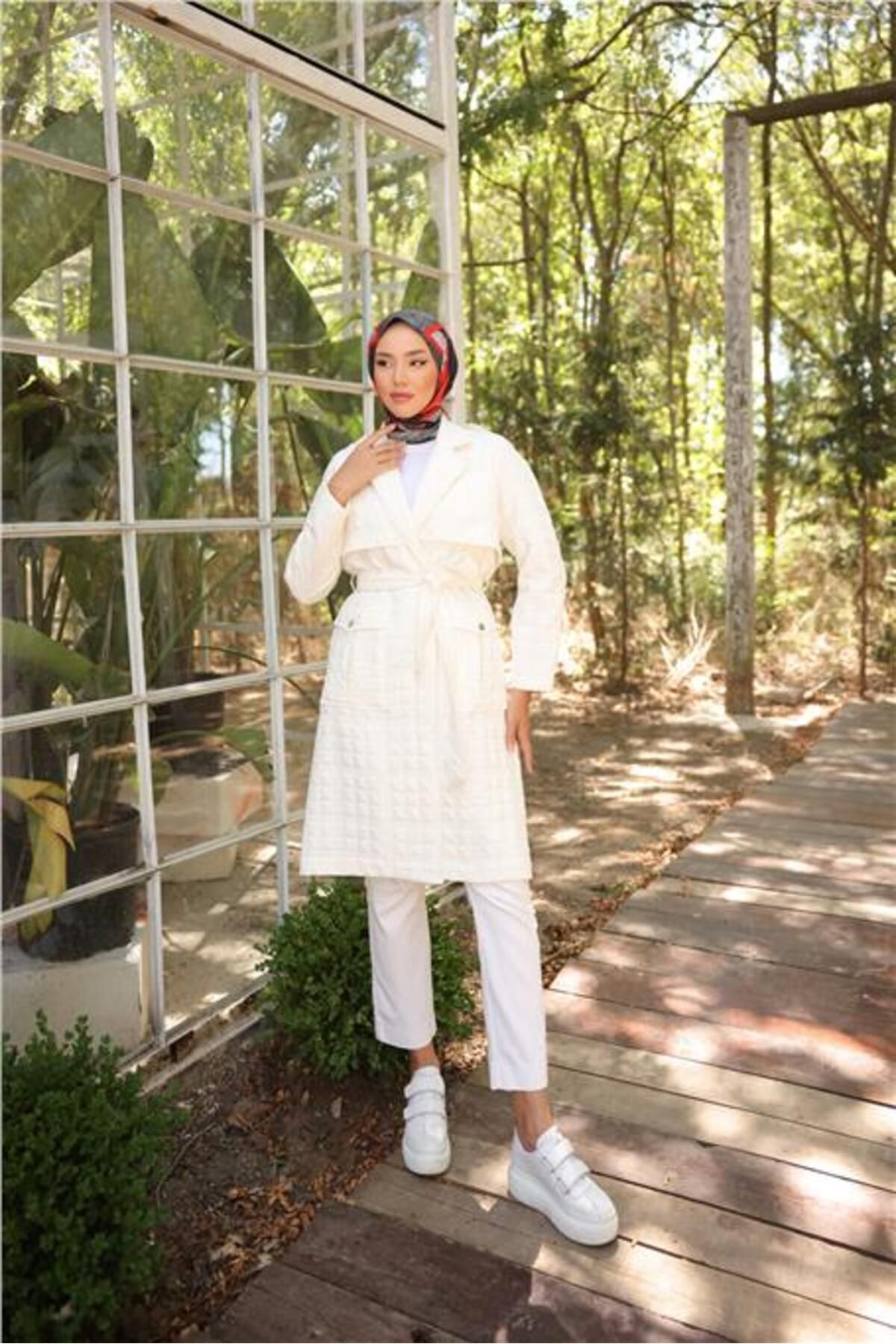 Shop58 Kruvaze Yaka Cepli Belden Bağcıklı Trençkot - 71211.023 - Krem