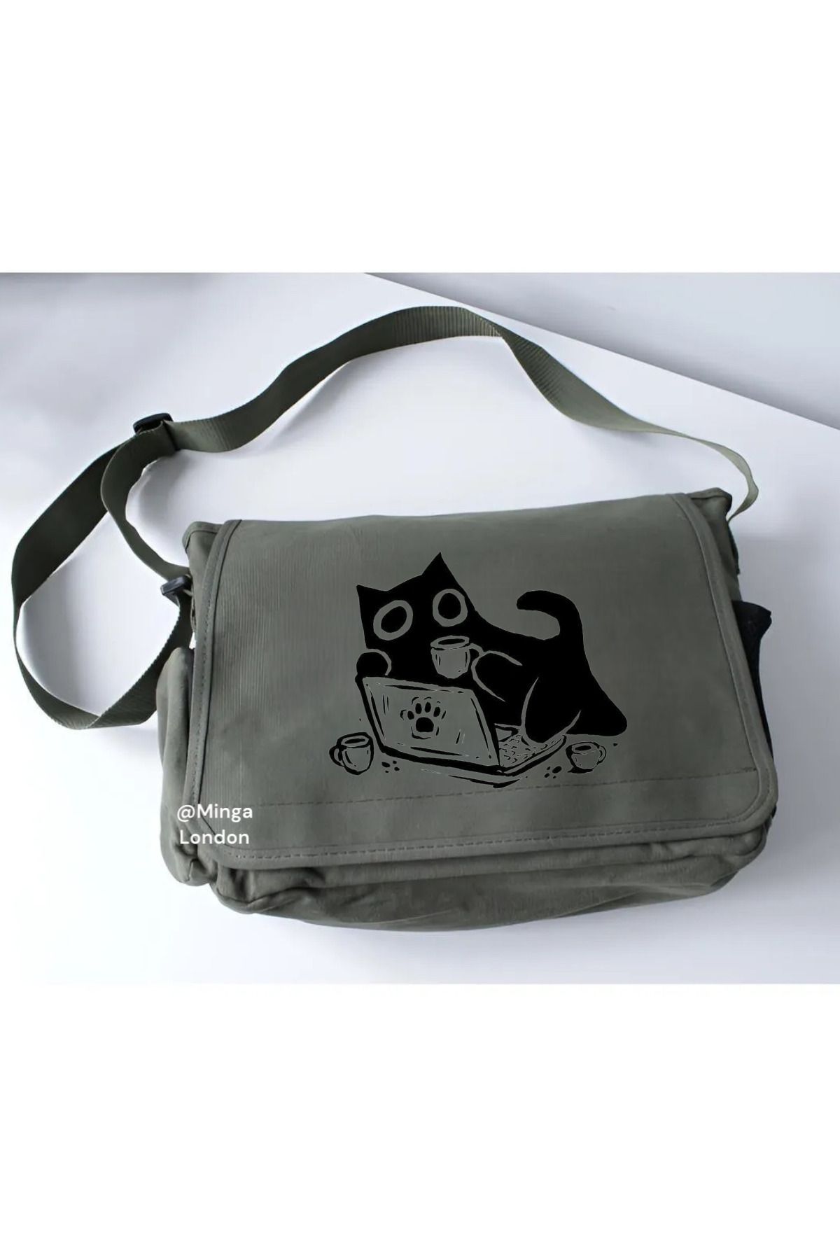 Minga London Haki Tablet Cat Baskılı Okul , Kurs , Dershane Postacı Çantası -Mingalondon