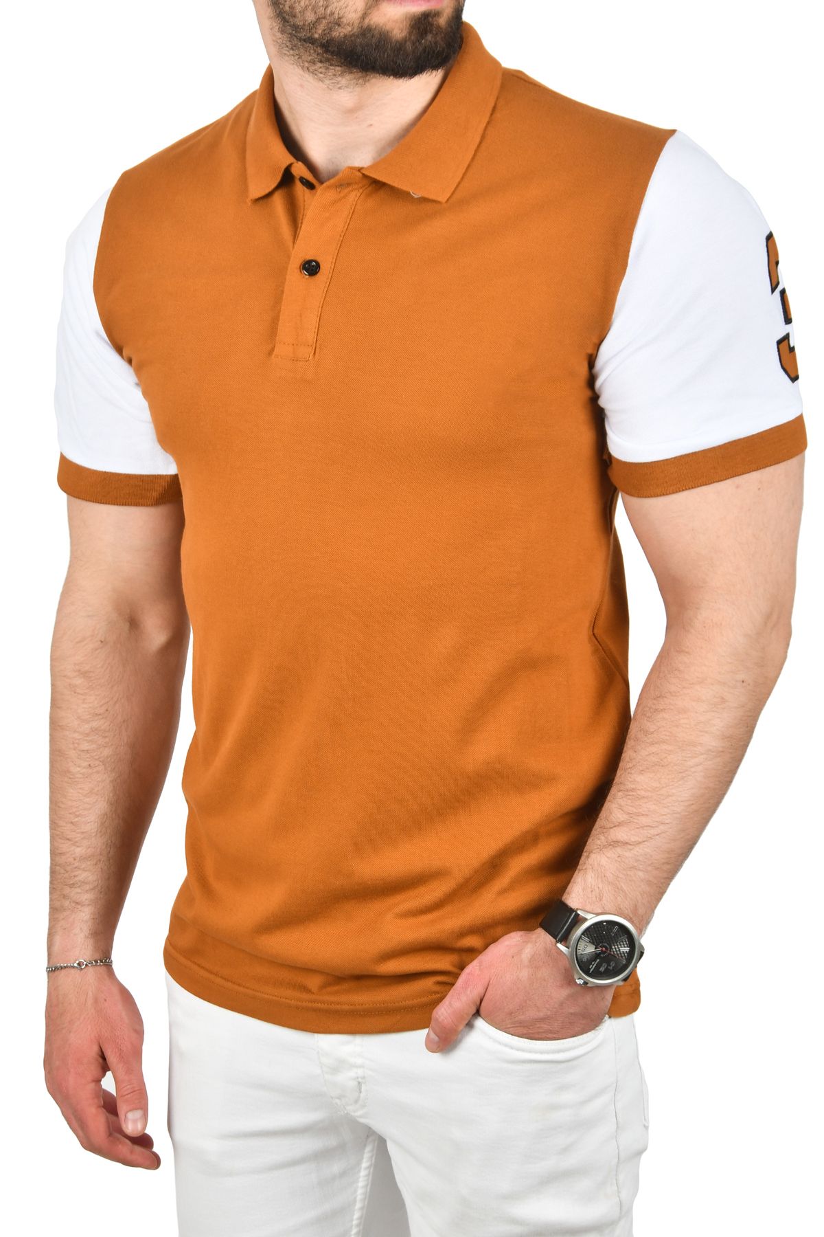 DeepSEA Erkek Taba Dar Kesim Pamuklu Polo Yaka Tişört Slim Fit Nefes Alan Kıvrılmaz Polo Yaka Tişört 2503022