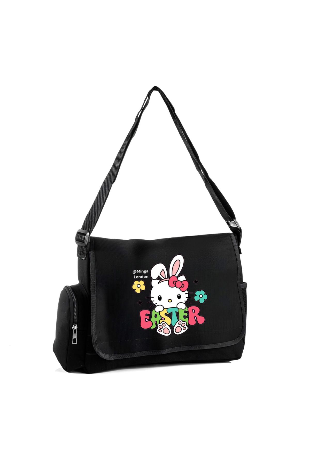 Minga London Siyah Easter Rabbit Baskılı Okul , Kurs , Dershane Postacı Çantası -Mingalondon