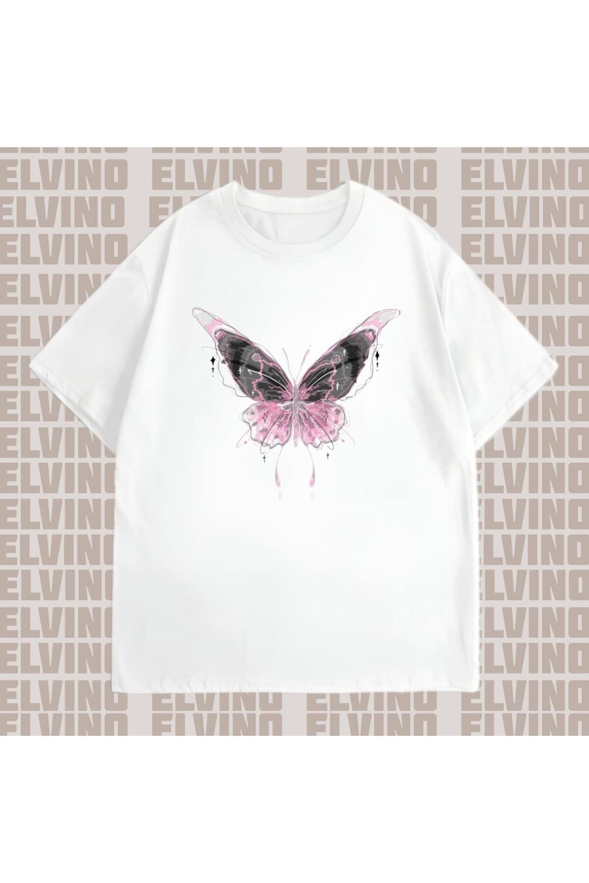 Elvino Kelebek Ve Çiçek Temalı Oversize Kadın Tshirt
