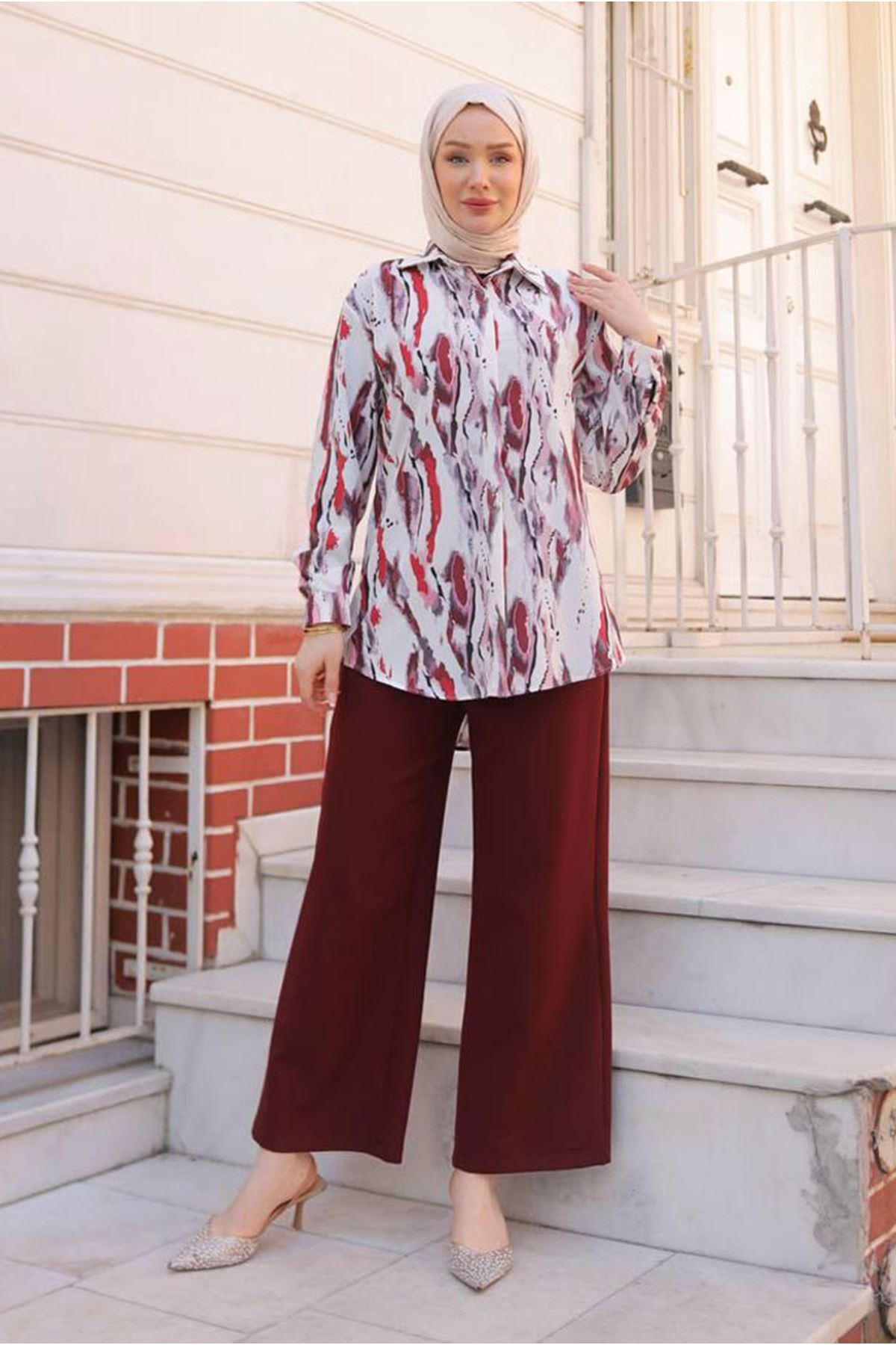 Moda Rosa 25Y7565 - BORDO - DESENLİ GÖMLEKLİ TAKIM
