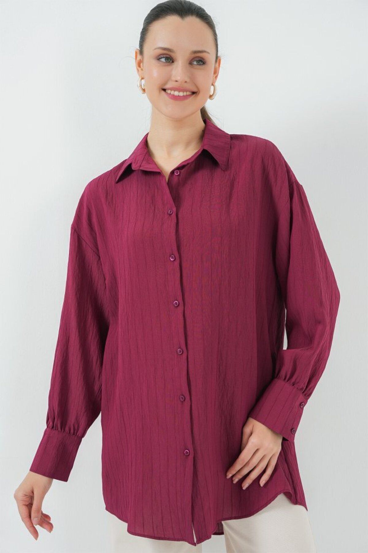 Şair Çizgili Uzun Gömlek Tunik 5963 - Bordo