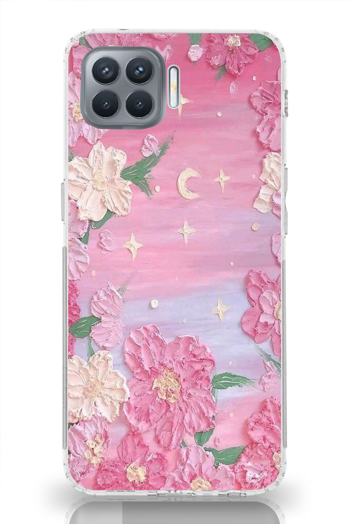 moonset Oppo Reno 4 Lite Uyumlu Pastel Çiçekler Tasarımlı Baskılı Şeffaf Telefon Kılıfı