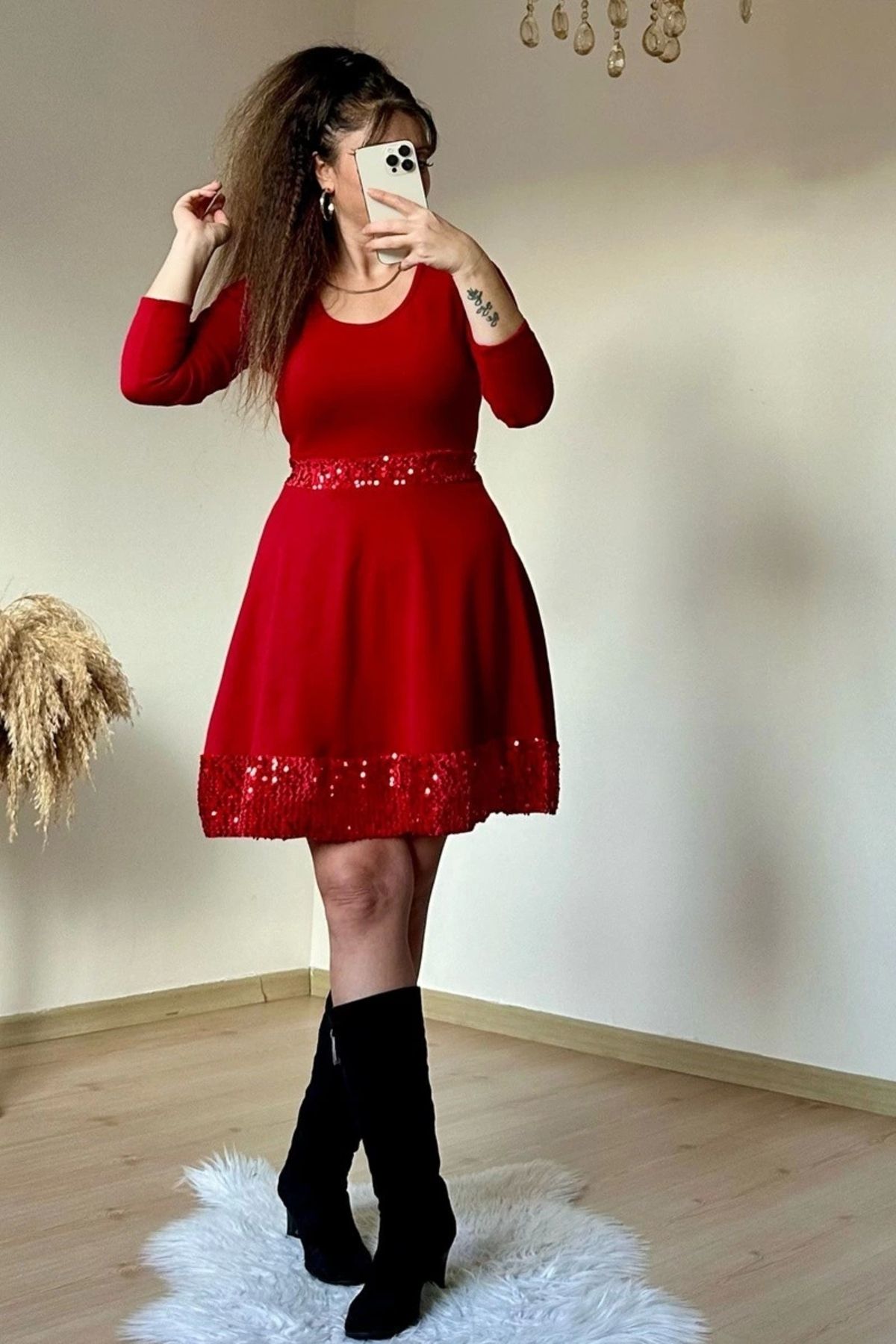 azra moda Kısa Bel Ve Etek Ucu Pul Detaylı Triko Elbise Kırmızı