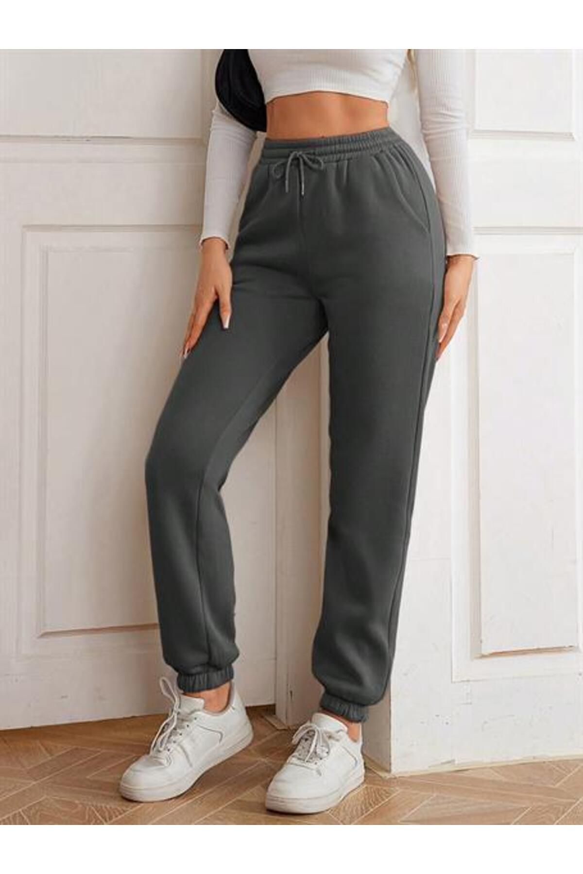 Shop58 Kadın 3 İplik Düz Elastik Bel Ve Paça Termal Astarlı Jogger Eşofman Altı - 25099.500 - Duman Gri