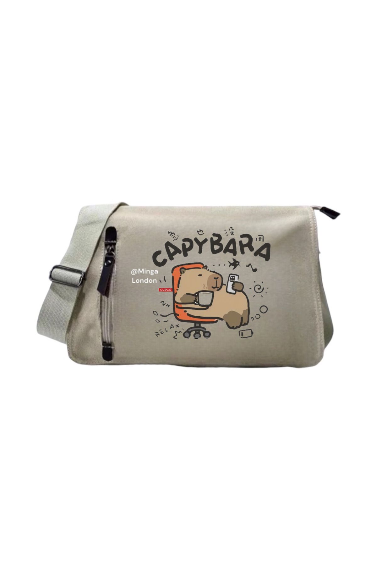 Minga London Bej Brown Capybara Baskılı Okul , Kurs , Dershane Postacı Çantası -Mingalondon