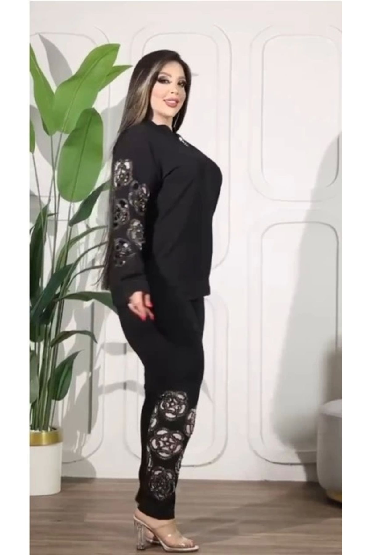 azra moda Taşlı Gül Desen Takım