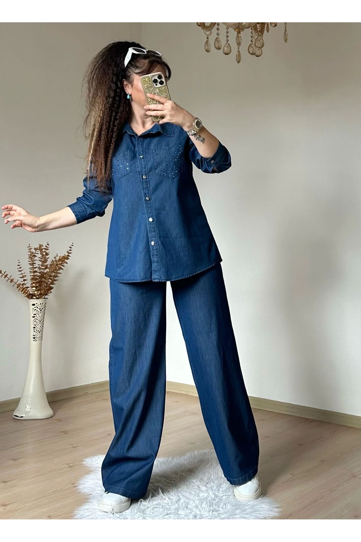 azra moda Taşlı Kot Takım
