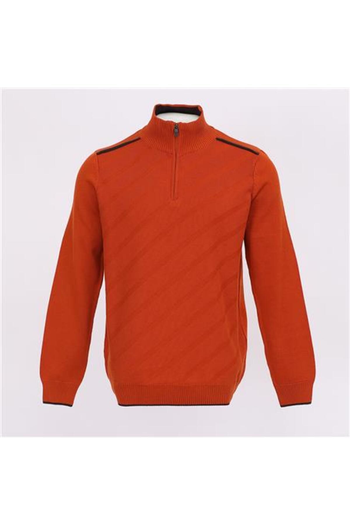 Shop58 Erkek Uzun Kol Dik Yaka Fermuarlı Triko Kazak - 180890 - Tarçın