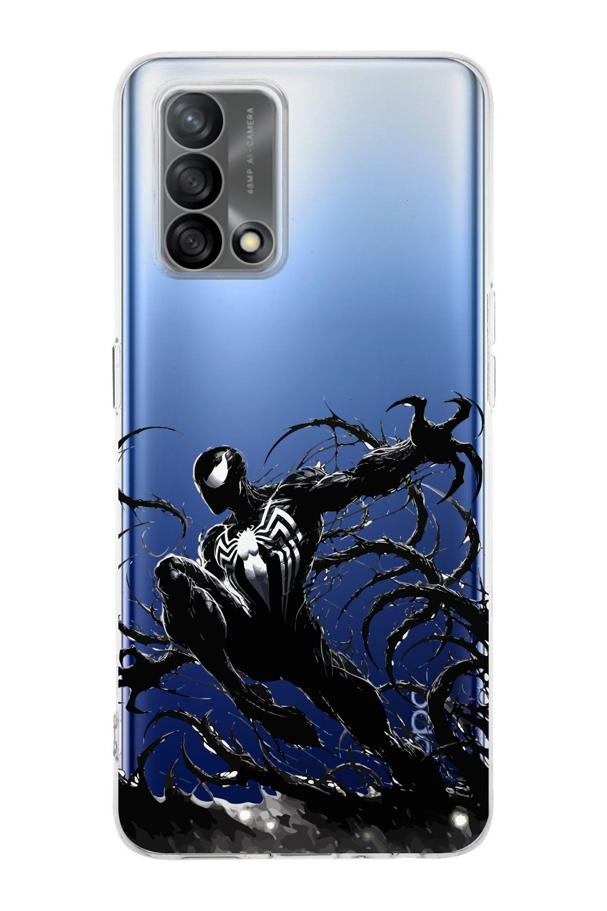 moonset Oppo A74 Uyumlu Siyah Örümcek Tasarımlı Baskılı Şeffaf Telefon Kılıfı